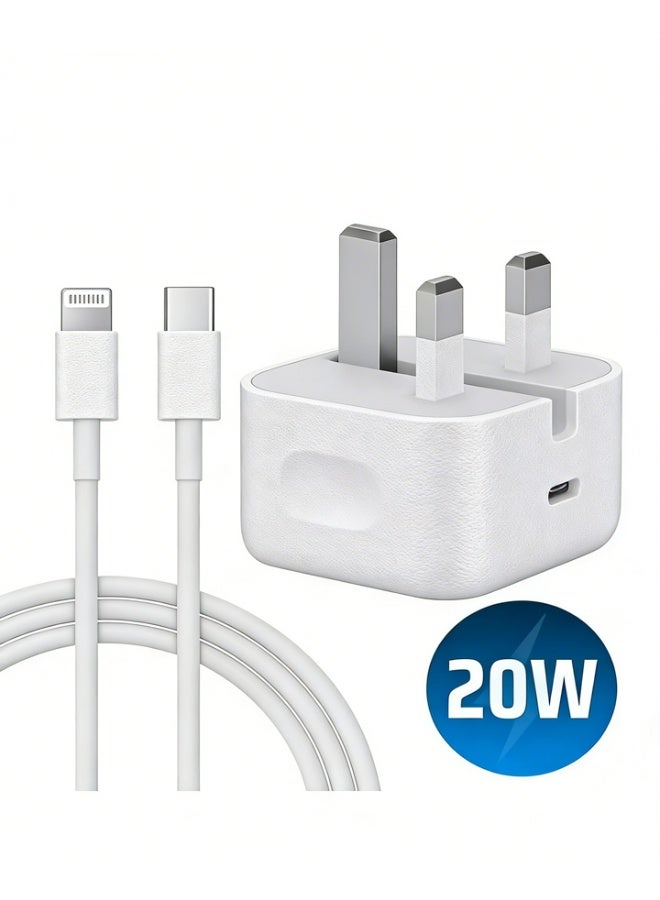 شاحن سريع 20 واط لأجهزة آيفون | شاحن جداري سريع بمنفذ USB-C مع كابل USB-C إلى Lightning، متوافق مع أجهزة آيفون 14/14 برو/14 برو ماكس/13/12/SE 2020/11/XR/XS ماكس/X/آيباد - Image 1